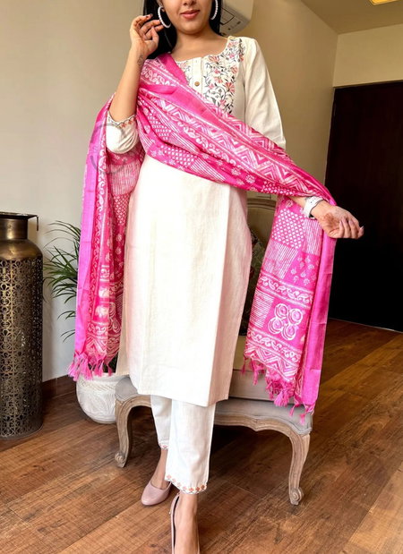 Vt Designer Embroidery Khadi Cotton Kurti With Bottom Dupatta Wholesalers In Delhi
